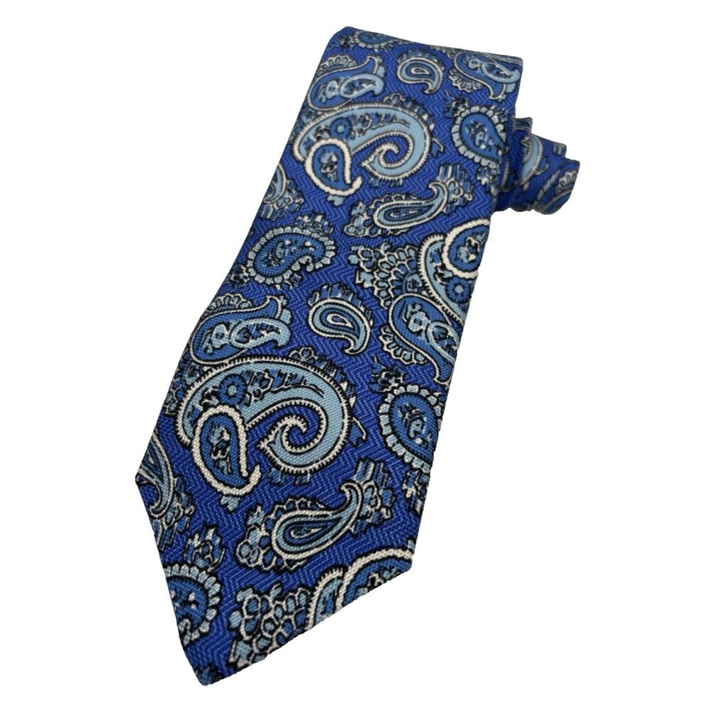 David Donahue Men's 100% Silk Necktie STUNNING Blue's White Paisley 60" USA EUC